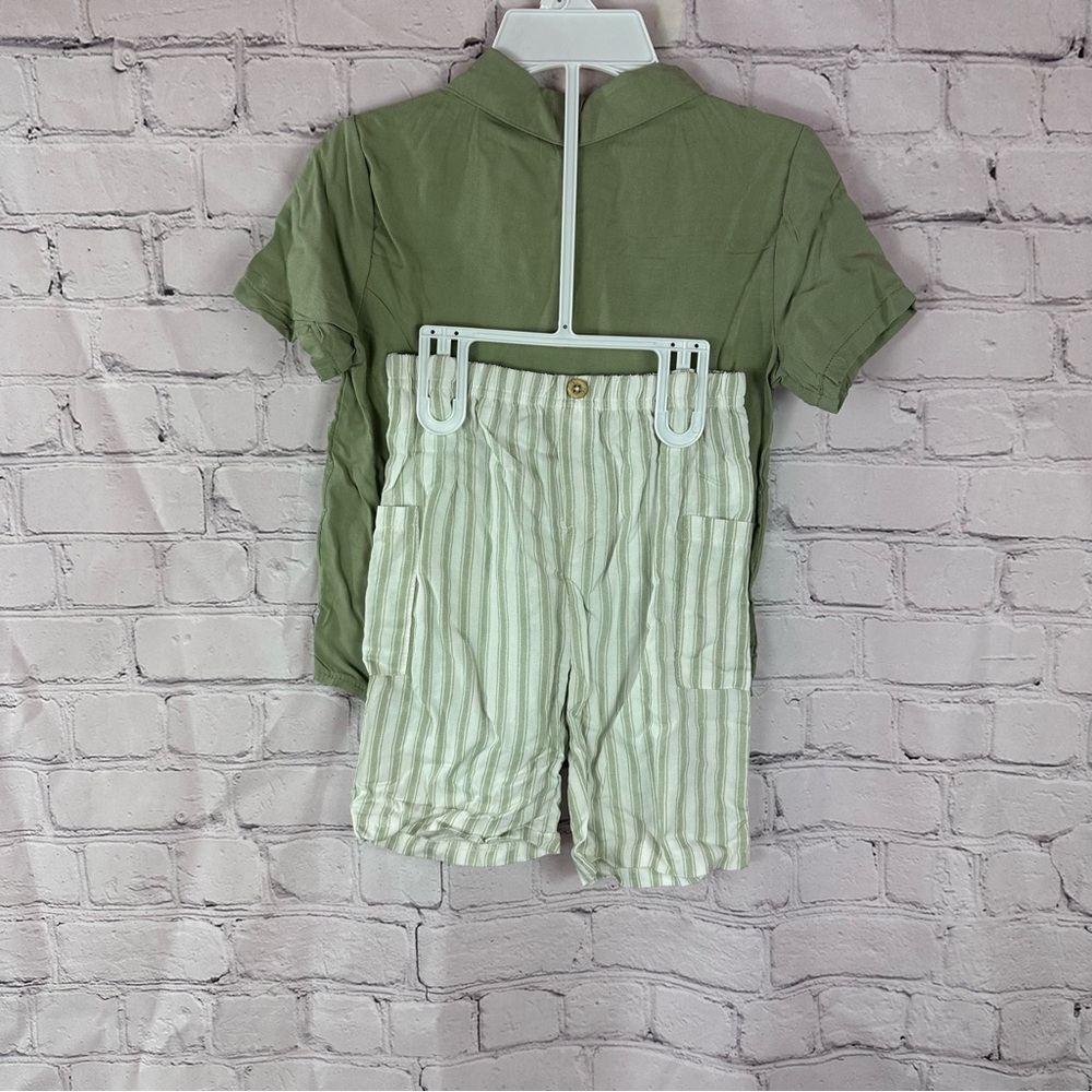 NWT rabbit + bear organic cotton linen blend short set boys sage green - Picture 2 of 14